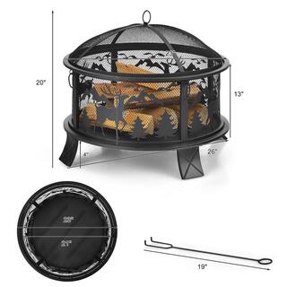 Costway 26 in. Outdoor Wood Burning Steel Fire Pit Firepit Bowl with Spark Screen Poker JV10211