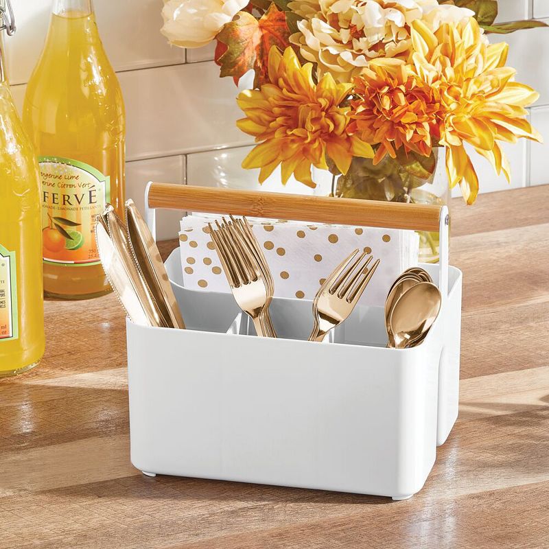 mDesign Plastic Kitchen Tote， Divided Basket Bin with Wood Handle