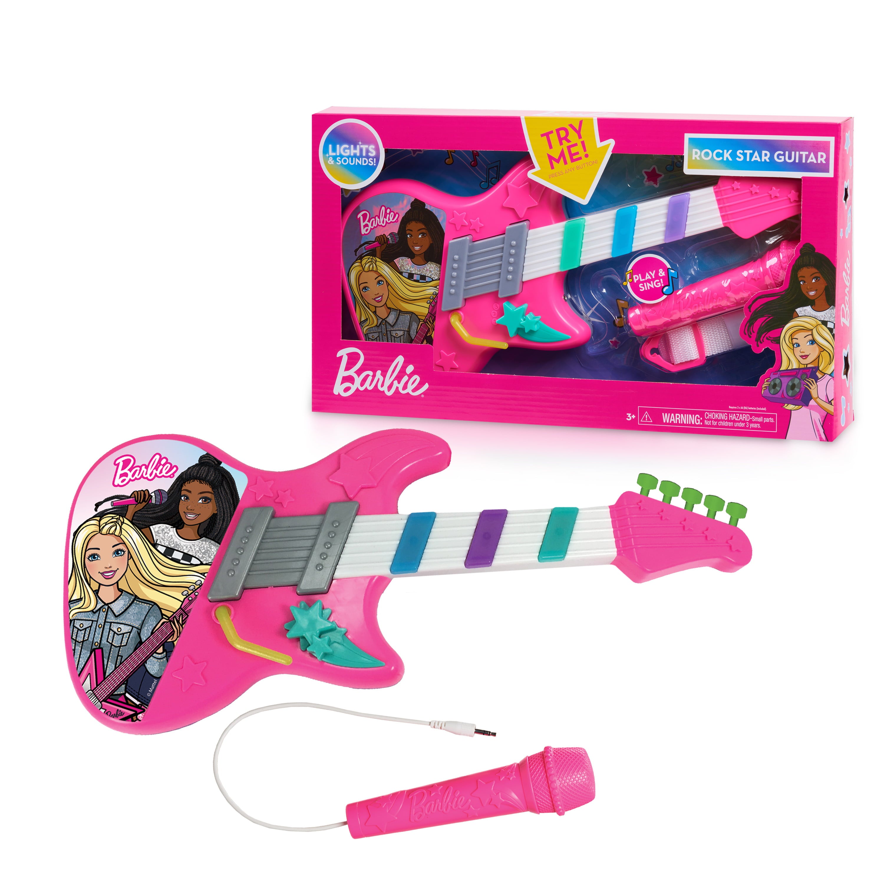 Barbie Rock Star Guitar， Interactive Electronic Toy Guitar with Lights， Sounds， and Microphone，  Kids Toys for Ages 3 Up， Gifts and Presents