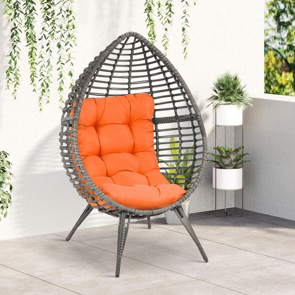 Outsunny Wicker Outdoor Lounge Chair with Orange Cushion Teardrop Chair Poolside Patio Seat 867-047OG