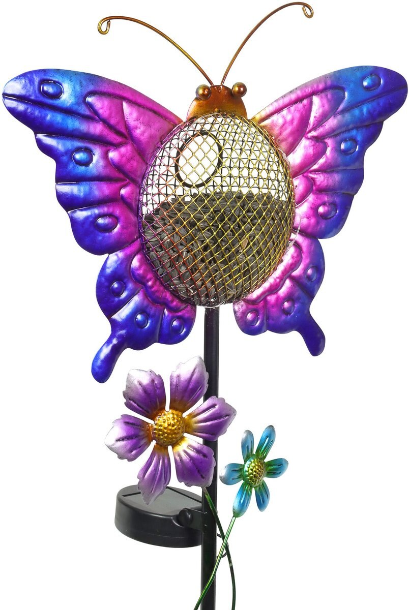 Exhart Solar Hand Painted Butterfly Metal Mesh Pellet Bird Feeder Garden Stake