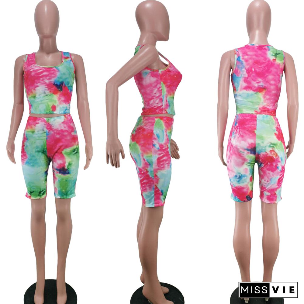 Casual Tie-Dye Printed Sport Vest and Shorts Two-piece Set