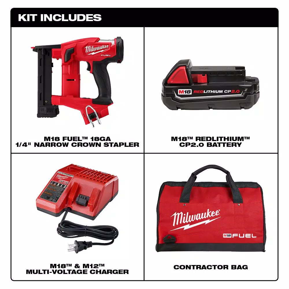 Milwaukee M18 FUEL 18-Volt Lithium-Ion Brushless Cordless 18-Gauge 1/4 in. Narrow Crown Stapler Kit w/ Battery 2Ah， Charger and Bag and#8211; XDC Depot