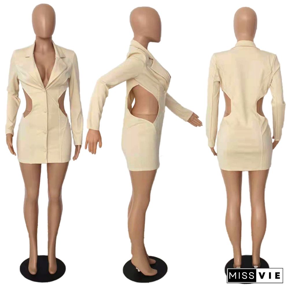 Women's Solid Long Sleeve Single-breasted Hollowed-out Dress