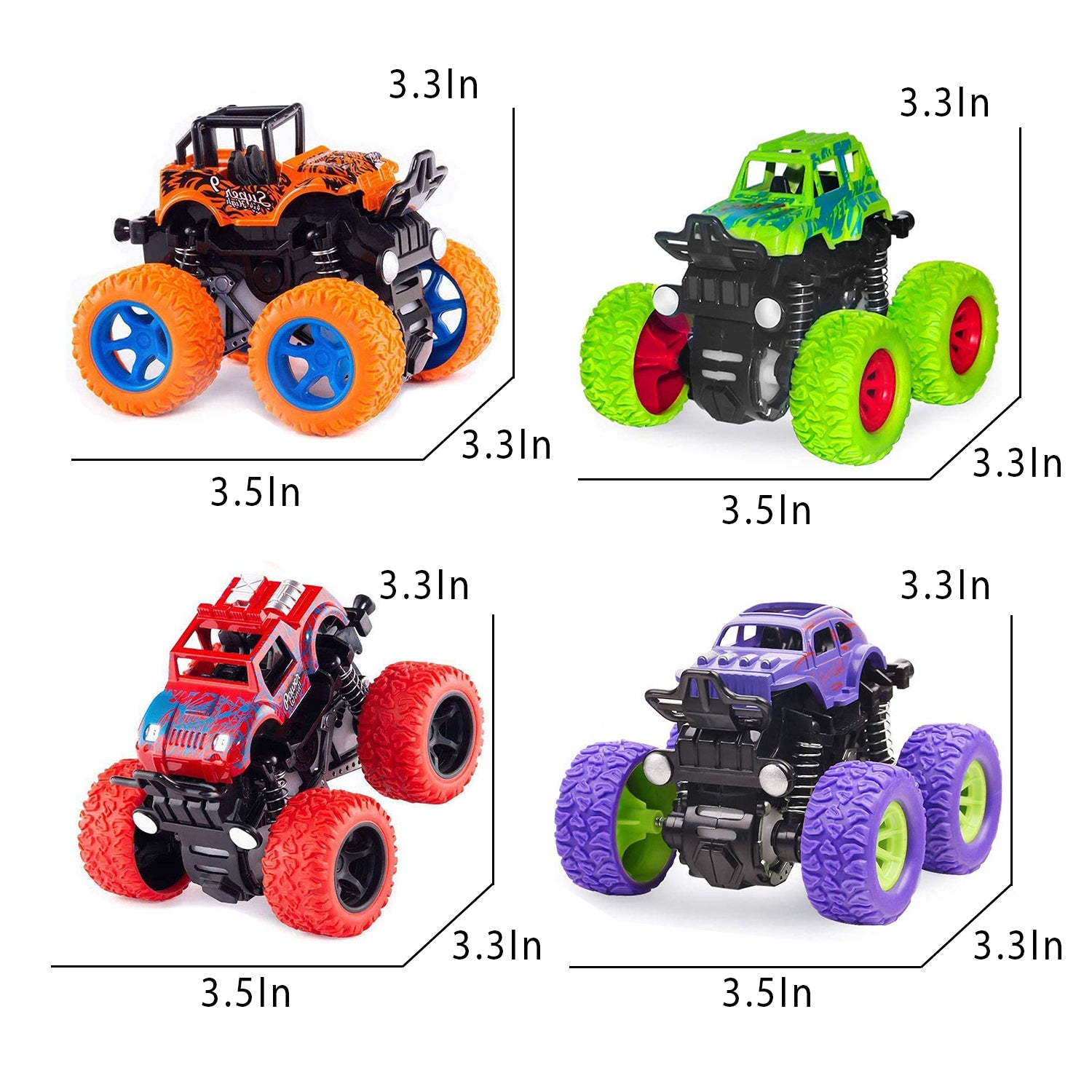 FANL Monster Truck Toys， 4-Pack Friction Powered Toy Cars Push and Go Vehicles for Kids， Stunk 360° Roating Toy