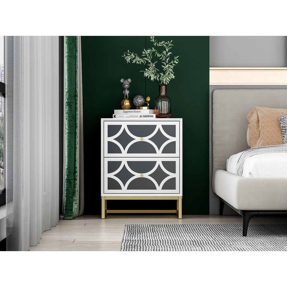 White Mirrored Nightstand with Gold Legs  2 Drawer Small Bedside Table  Side Table with Storage for Bedroom  Living Room