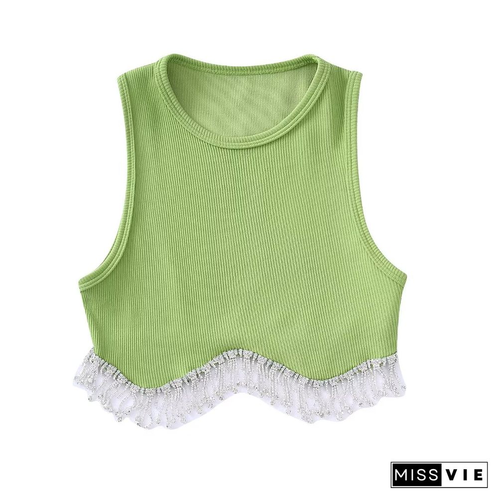 Women High Street Sexy Hem Tassel Diamond Beading Knitting T-Shirt Chic Short Camis Tank Lady Slim Crop Vest Tops Ls1311