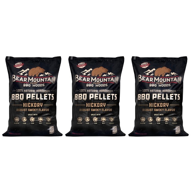 Bear Mountain Fk14 Premium All Natural Low Moisture Hardwood Smoky Hickory Bbq Smoker Pellets For Outdoor Grilling 20 Pound Bag 3 Pack