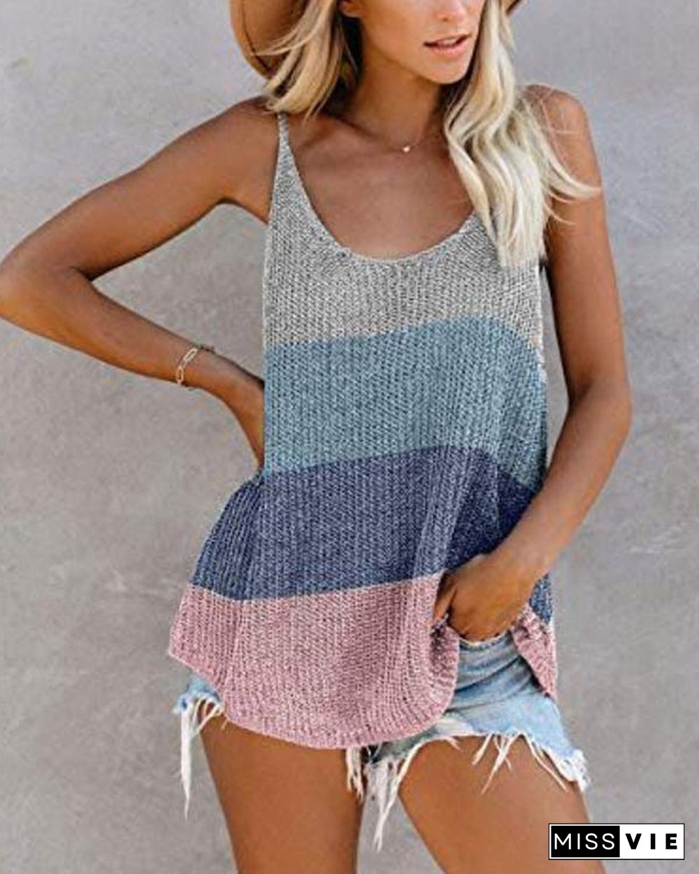 Knitted Spaghetti Holiday Sleeveless Ribbed Blouse