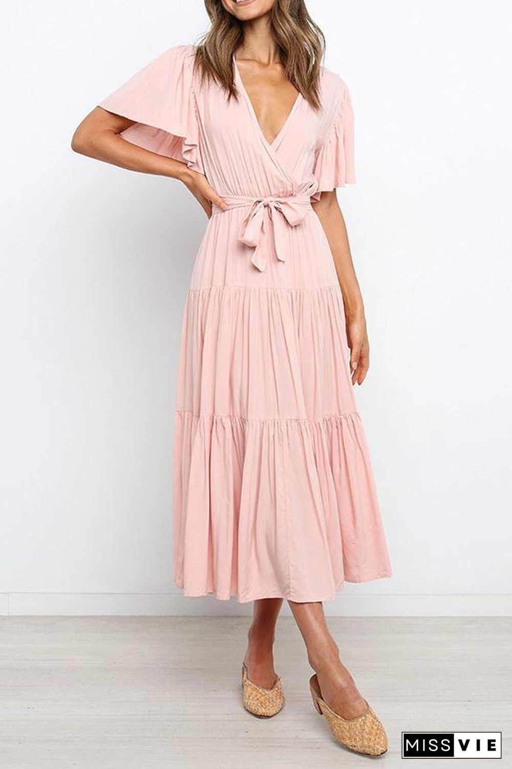 Ruffled Sleeve V-neck Tie Waist Maxi Dress P14492