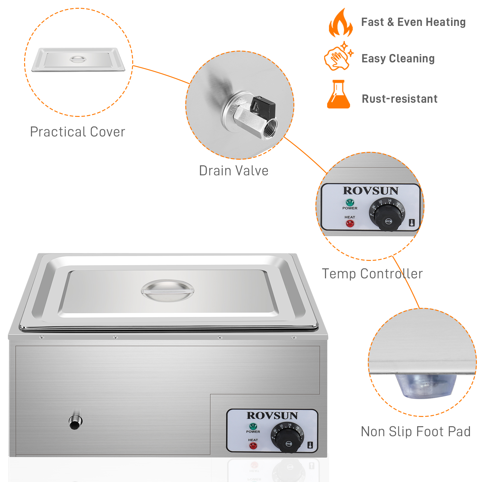 ROVSUN 21QT Electric Commercial Food Warmer， Full Pan Stainless Steel Bain Marie Buffet Countertop w/ Temperature Control and Lid