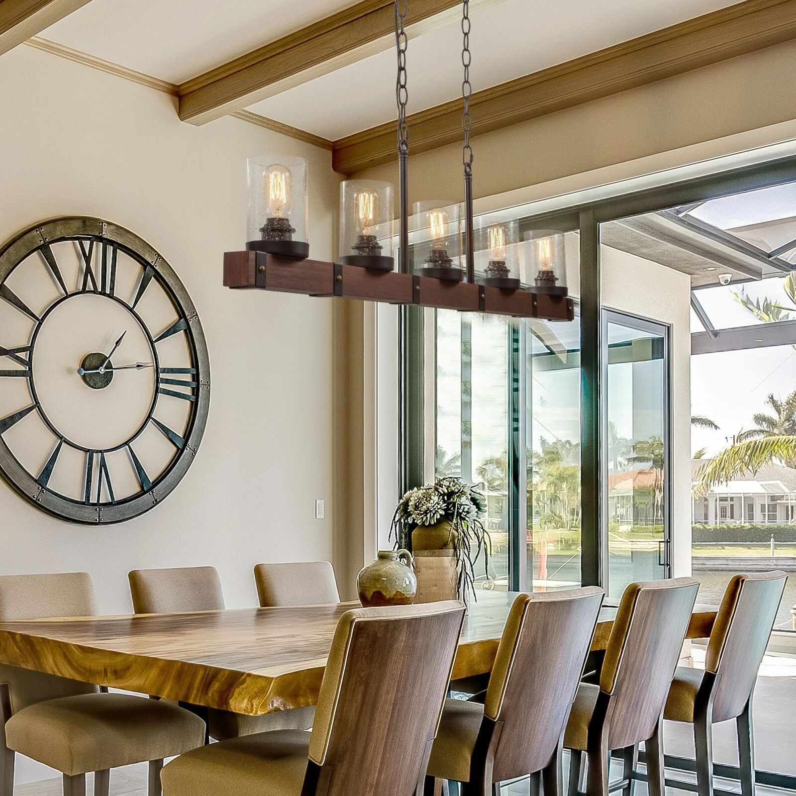 Modern Farmhouse 5-Light Wood Linear Chandeliers Glass Shade Island Lights - L42.9