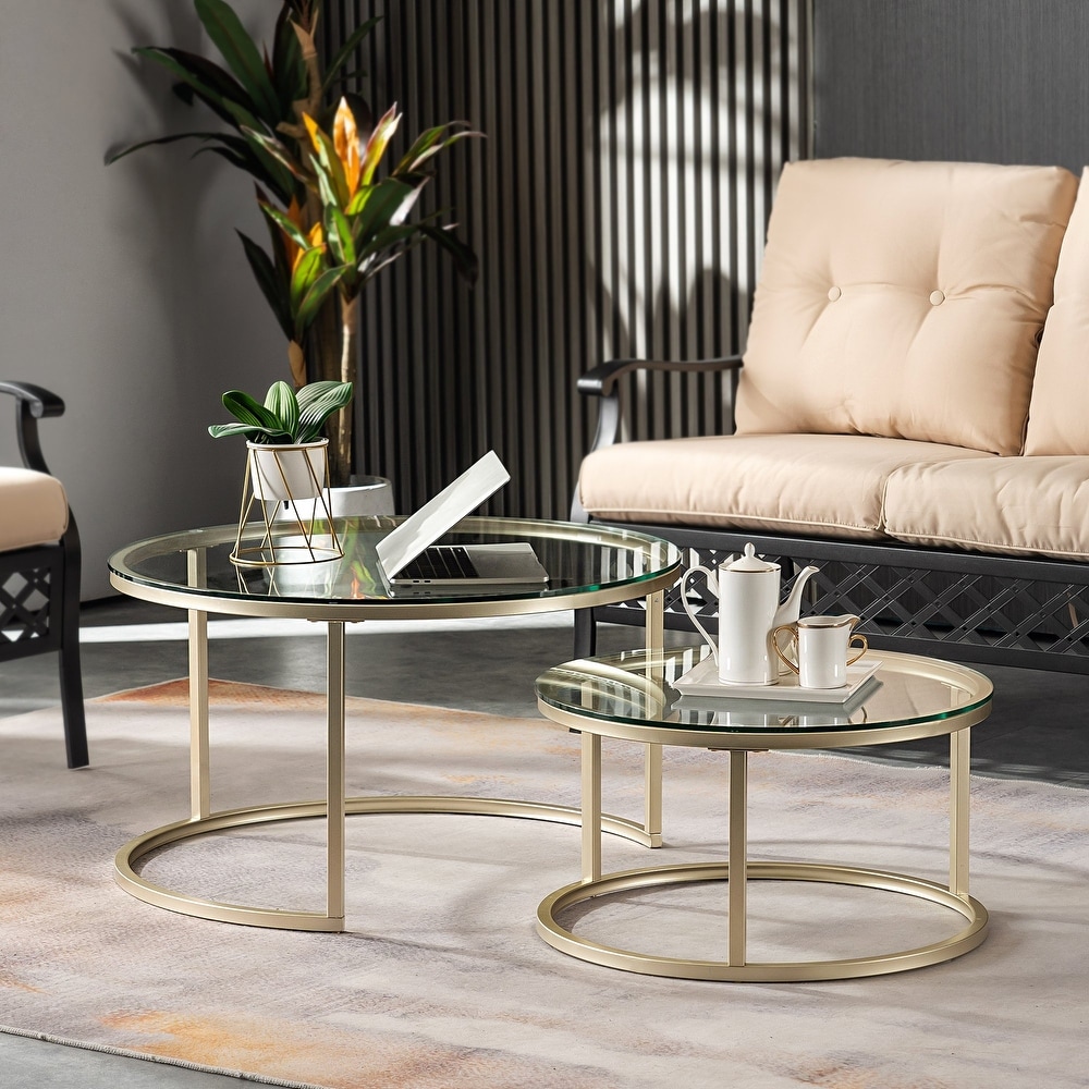 Ivinta Round Nesting Coffee Table Set of 2  Modern Glass Coffee Tables for Living Room  Accent Clear Gold Side Tables Set