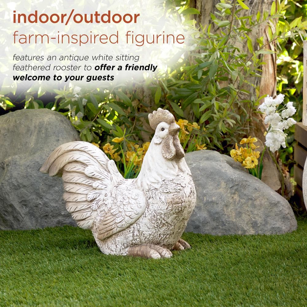 Alpine Corporation 14 in. H Indoor/Outdoor Sitting Rooster Decorative Garden Statue, White QWR1068