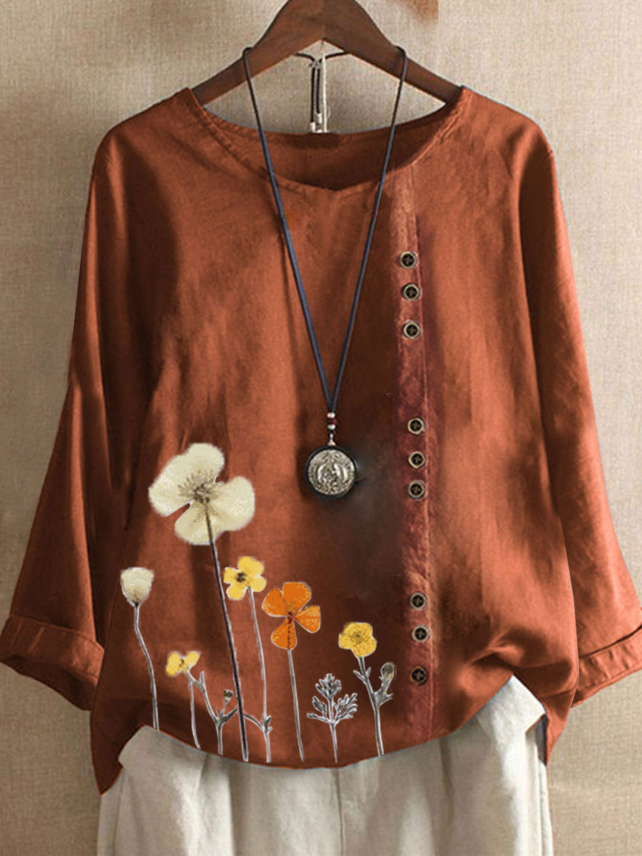 Floral Print Round Neck Cotton And Linen Long Sleeve Blouse