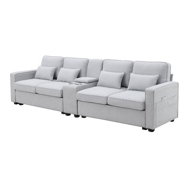 Modern Linen Upholstered Sofa With Console 2 Cup Holders 2 Usb Ports Wireless Charging And 4 Pillows Modernluxe