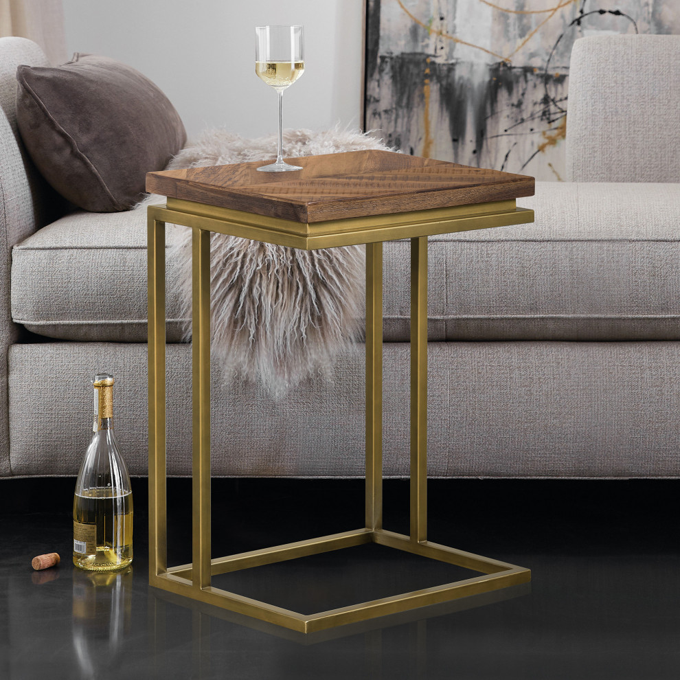 Faye Rustic Brown Wood C Shape End table with Antique Brass Base   Contemporary   Side Tables And End Tables   by HedgeApple  Houzz