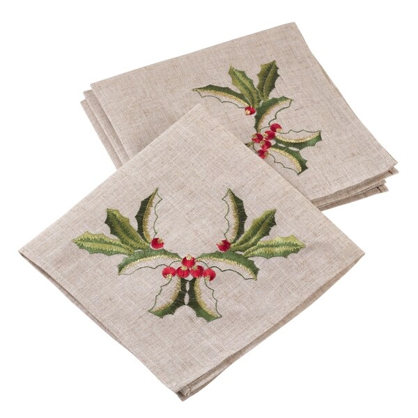 Embroidered Holiday Holly Linen Blend Napkin (Set of 4)