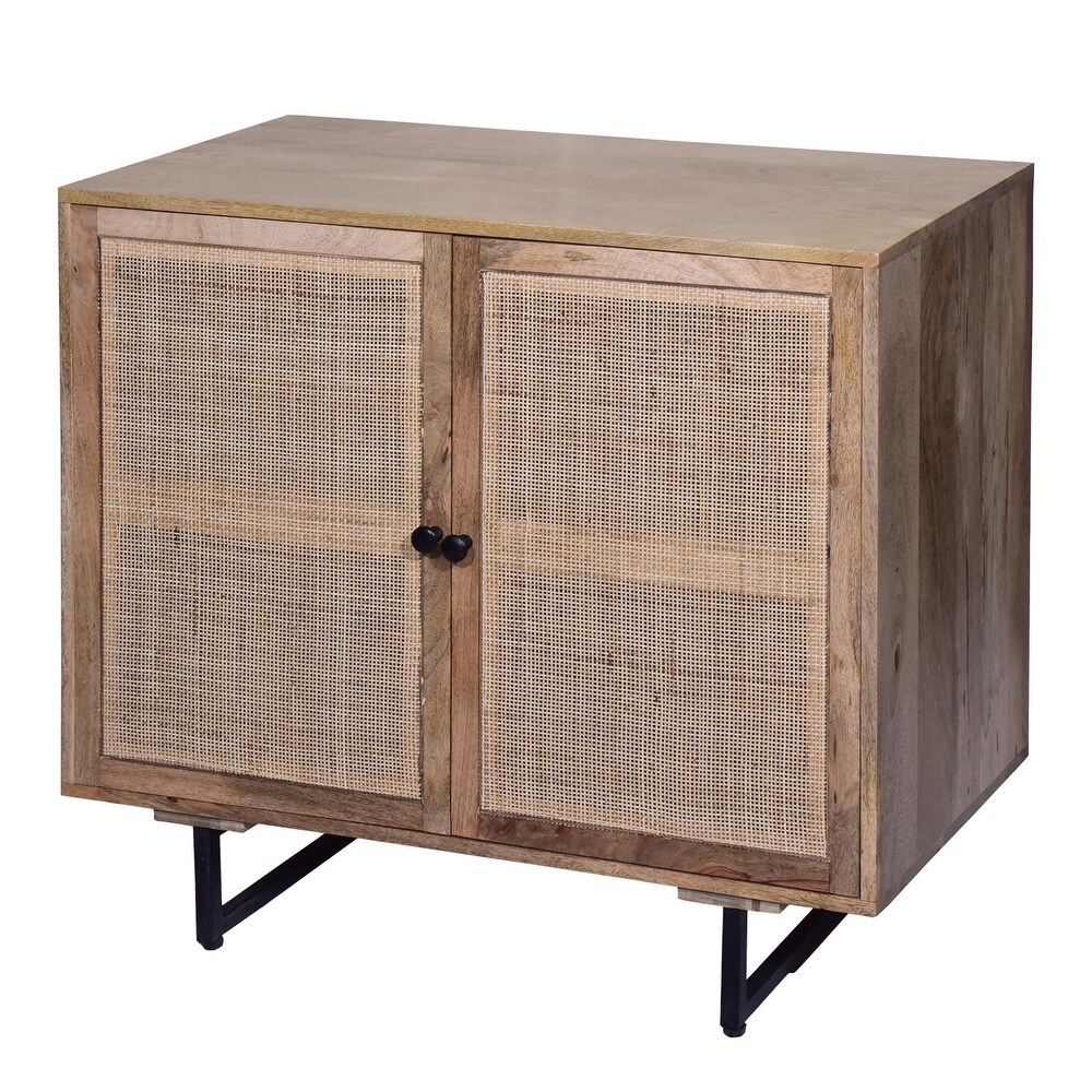 35 Inch Handcrafted Accent Cabinet with 2 Mesh Rattan Doors  Black Iron Legs Natural Brown Mango Wood Frame