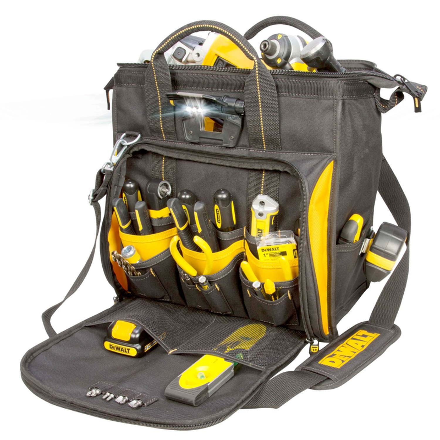 DeWalt Technician\u0027s 10.25 in. W X 9 in. H Polyester Lighted Tool Bag 41 pocket Black/Yellow 1 pc