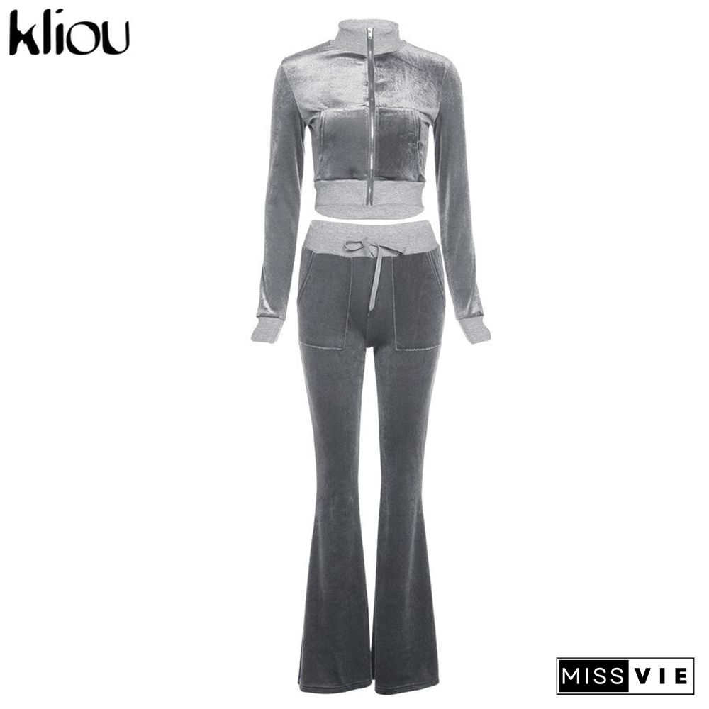 Kliou Solid Velour Two Piece Set Women Simple Casual Zipper Long Sleeve Turtleneck Top+Bandage Lace Slim Female Wide Leg Pants