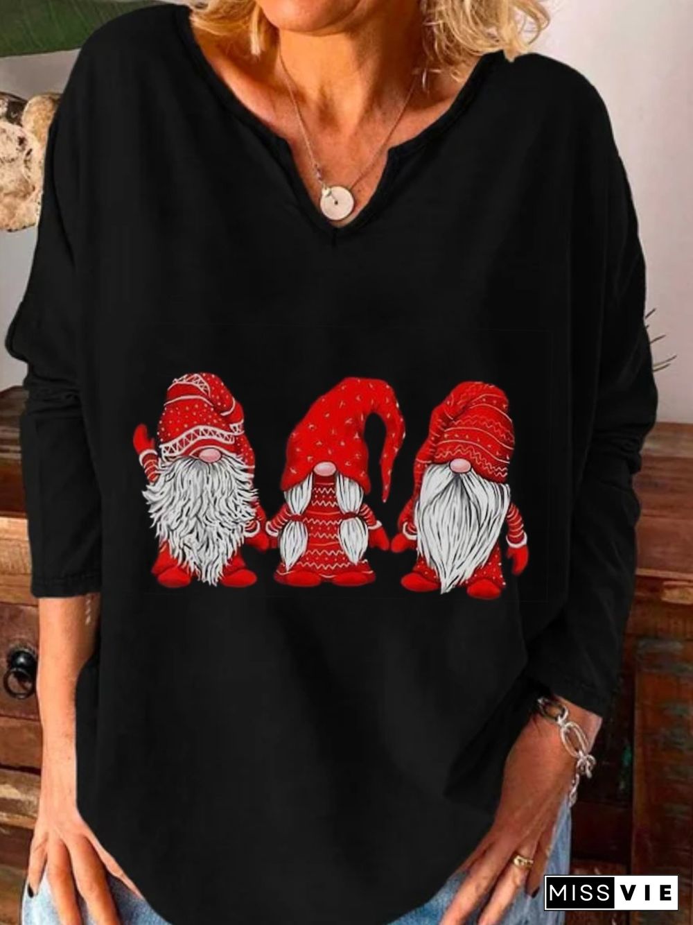 Christmas Xmas Long Sleeve U Neck Plus Size Printed Tops T-shirts