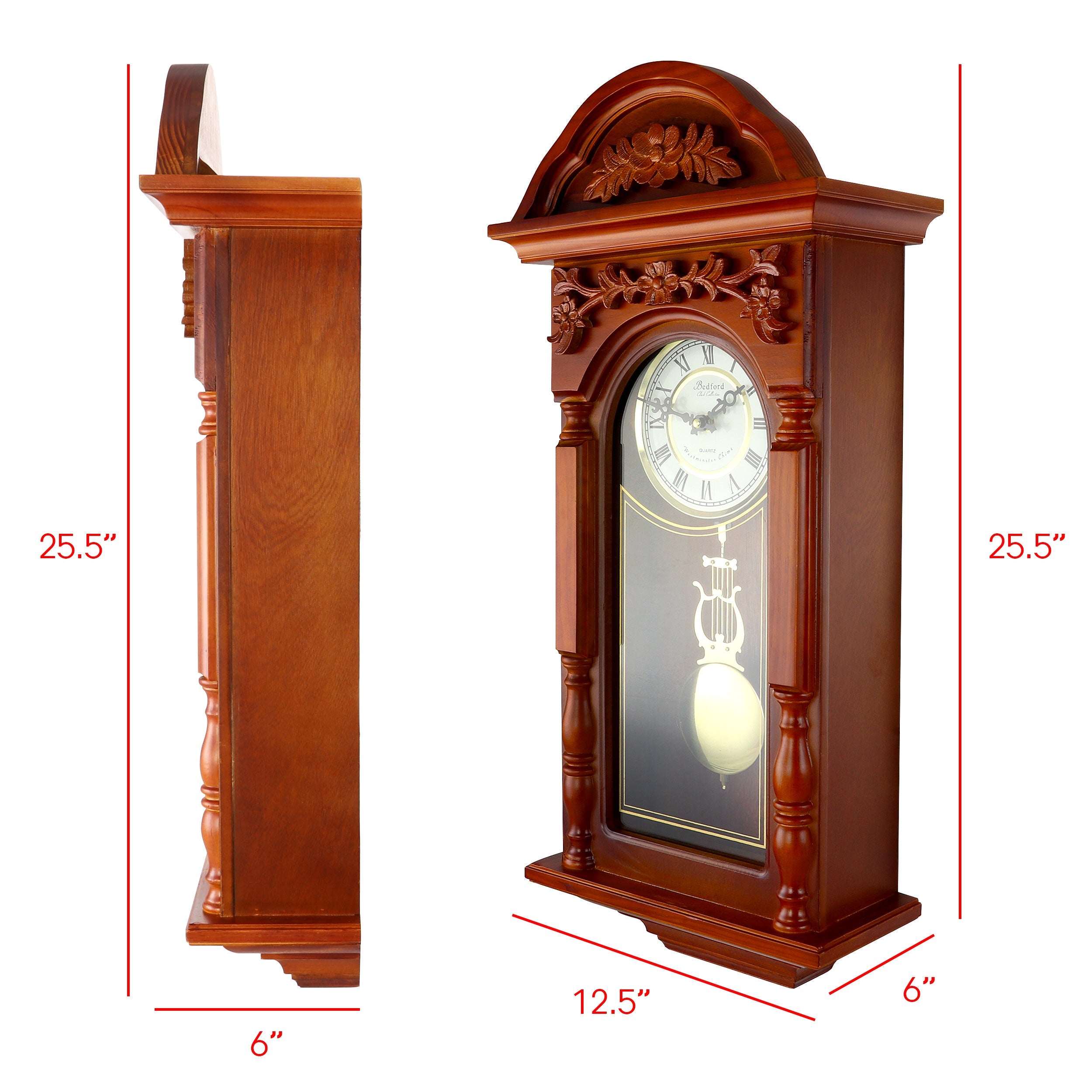 Bedford Clock Collection 27.5" Antique Chiming Wall Clock with Roman Numerals in a Padauk Oak Finish