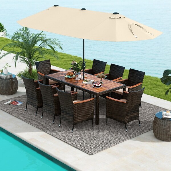 9 Piece Outdoor Dining Set with 15 Feet DoubleSided Twin Patio Umbrella