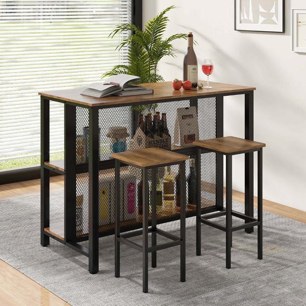 Tall 3 tier Bar Table With Storage Metal Frame Adjustable Foot Pads Rustic Brown grey