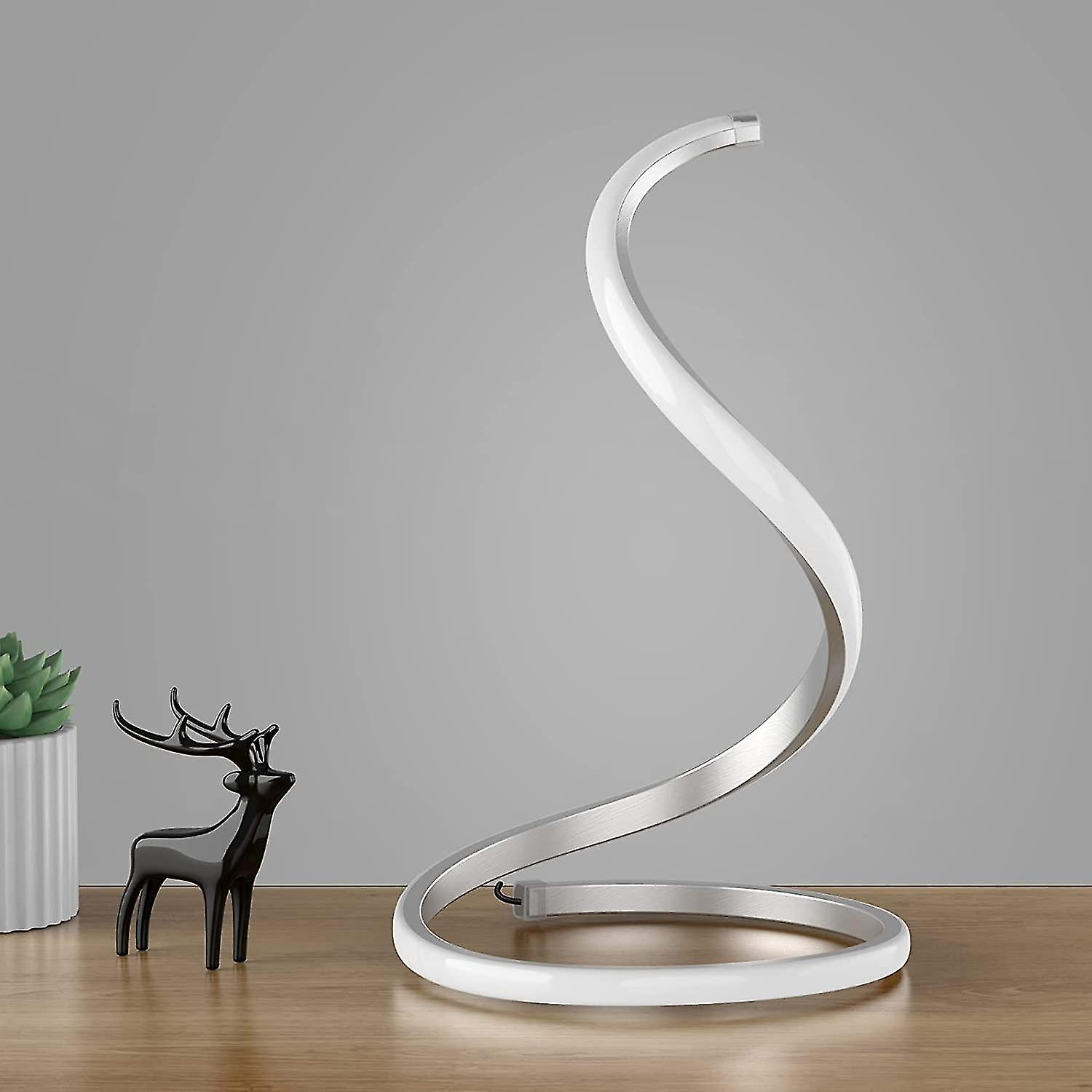 Spiral Modern Desk Lamp (silver)， Stepless Dimming Bedside Lamp， 3 Color Warm Bedside Lamp， Bedroom Living Room Office Home Curved Art Deco Desk Lamp