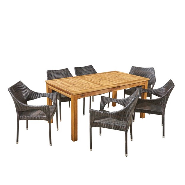 Damon 7pc Wood amp Wicker Expandable Dining Set Natural brown Christopher Knight Home