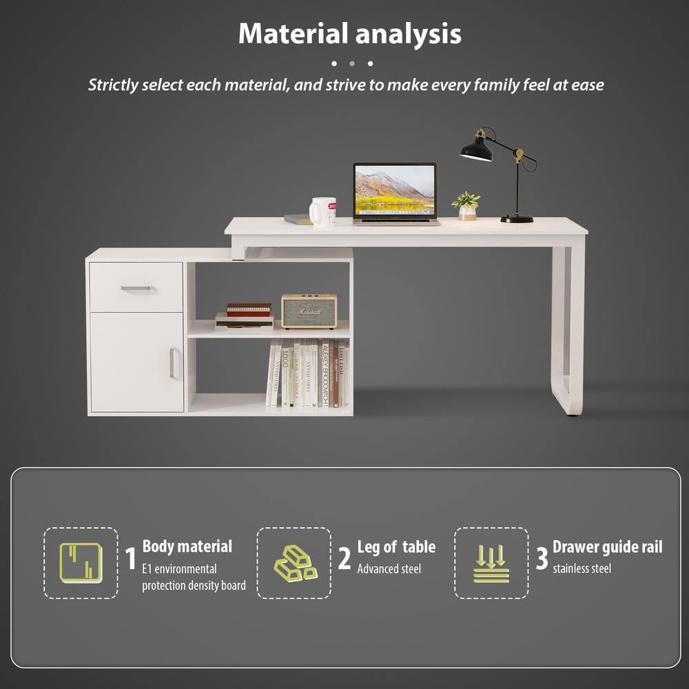 FUFUGAGA L-Shaped Wooden Computer Desk White Finish with 1 Drawer Open Shelves and Eco-Friendly Paint Finish 55.1 in. W LBB-KF210175-01