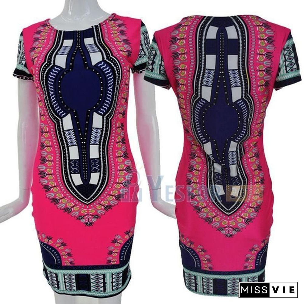 Summer Sexy Womens Traditional African Printed Dashiki Bodycon Short Sleeve Slim Dress