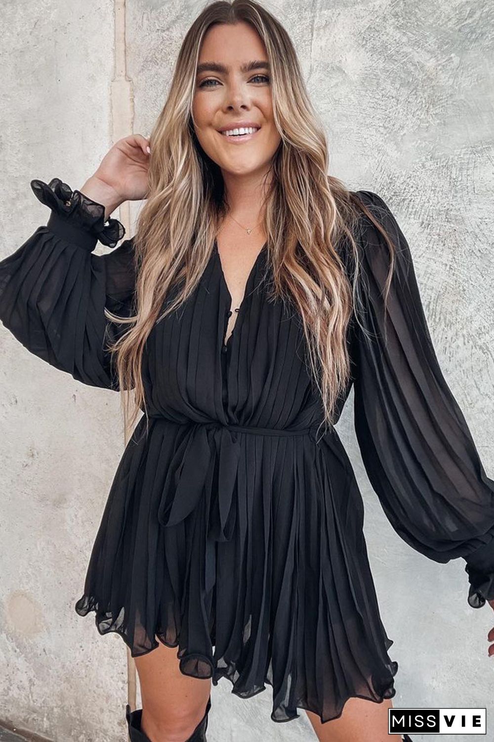 Pleated Ruffled Tie Waist Buttons V Neck Romper