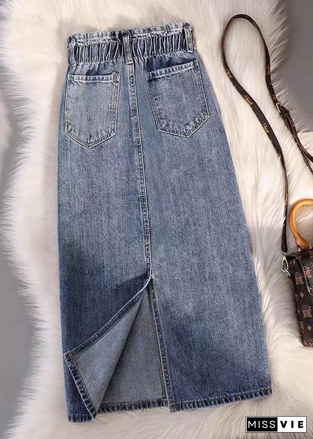 Modern Blue Pockets Elastic Waist Patchwork Denim Skirt Fall