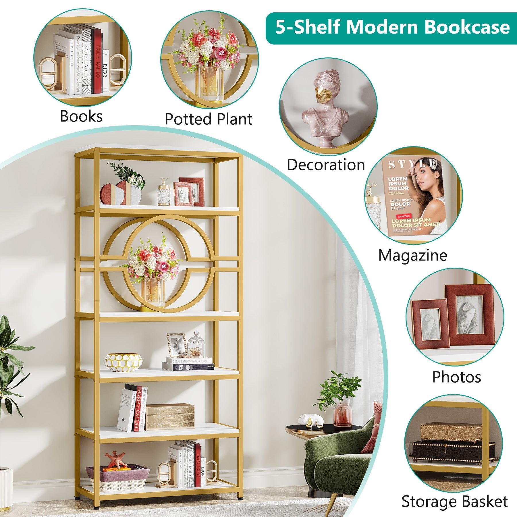 Bookshelf, 6-Tier Etagere Bookcase Freestanding Storage Shelf