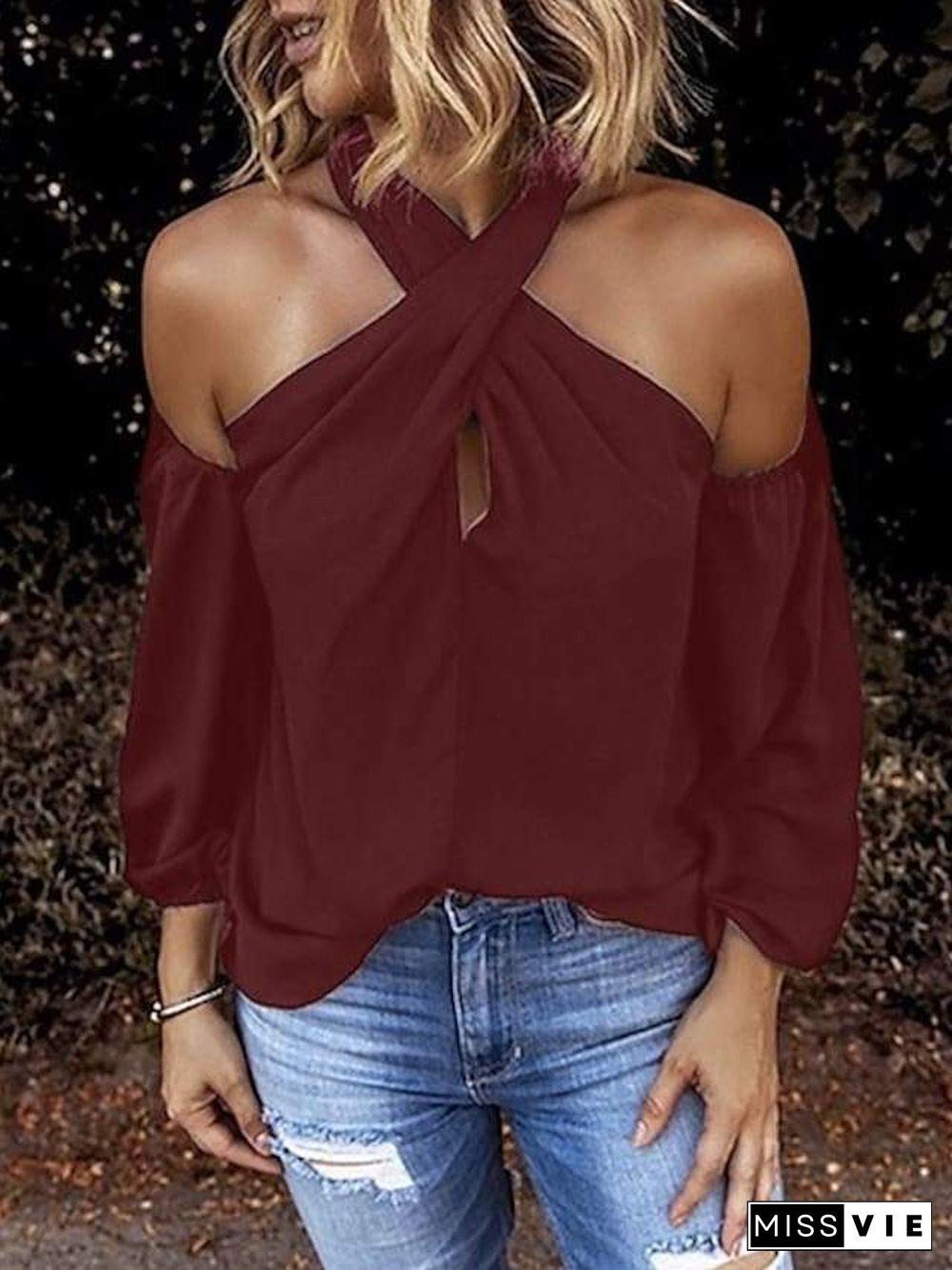 Women's Blouse Shirt Solid Colored Long Sleeve Halter Neck Tops Basic Top White Black Wine