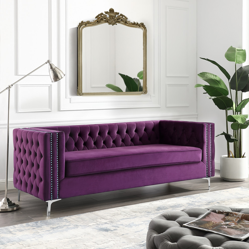 Jeannie Velvet 3 Seat Sofa Button Tufted With Metal Legs   Midcentury   Sofas   by Inspired Home  Houzz