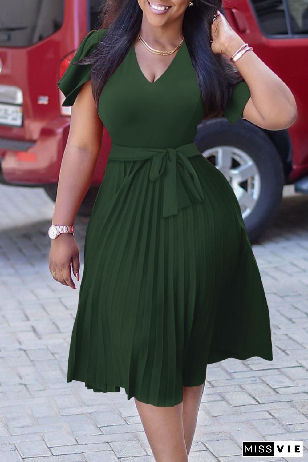 Ink Green Casual Solid Patchwork V Neck Short Sleeve Dress Dresses