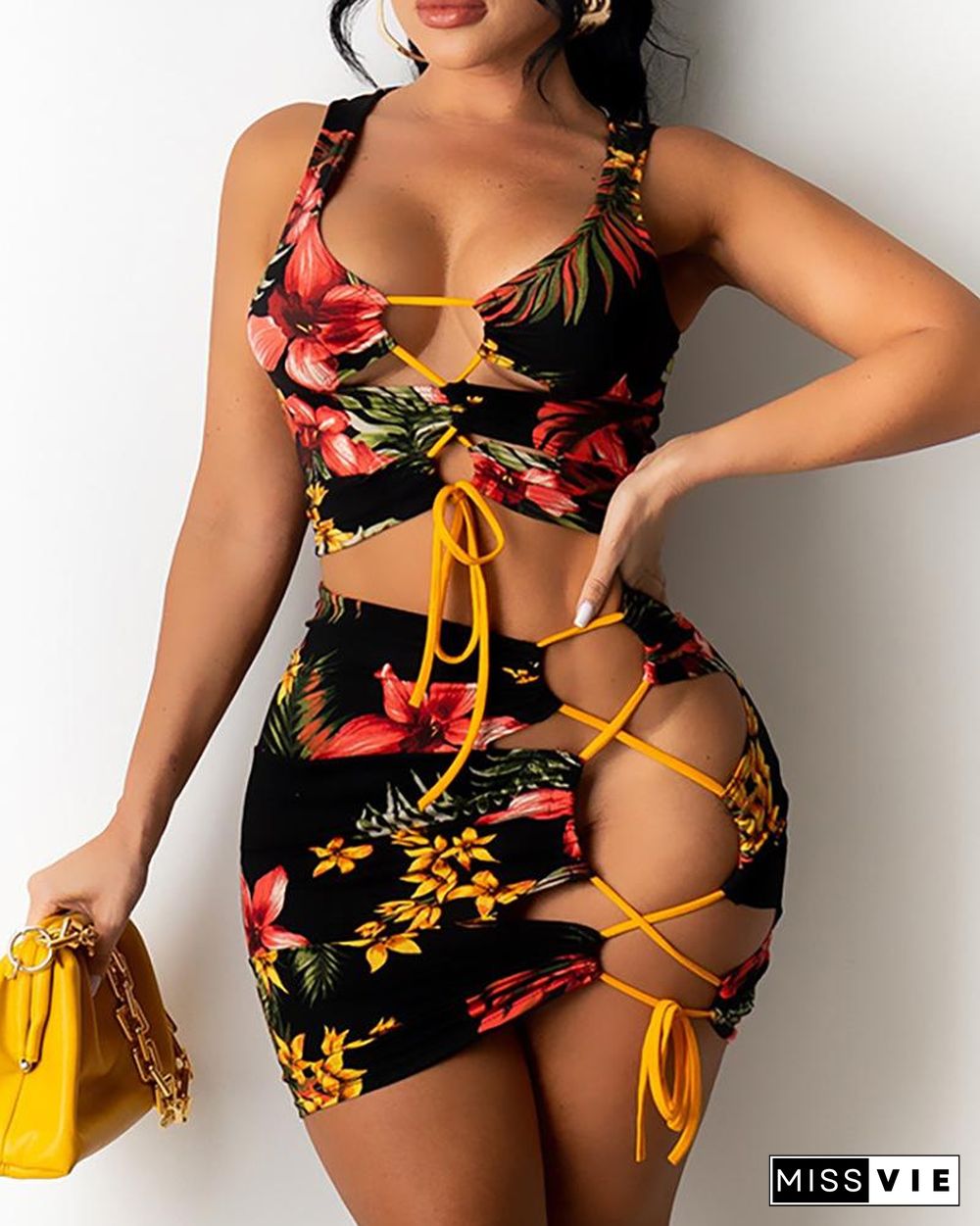 Floral Print Lace-up Sleeveless Crop Top & Skirt Sets