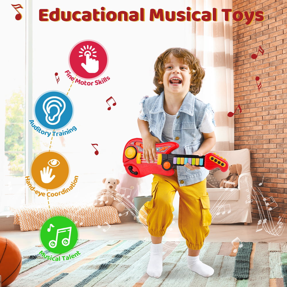 Zmoon Kids Electric Guitar Toy for Boys Girls， 2 in 1 Electric Toy Guitar Piano with Music and Light Musical Instrument Toys for Toddler 2 3 4 5 6 Years Old Gift， Red