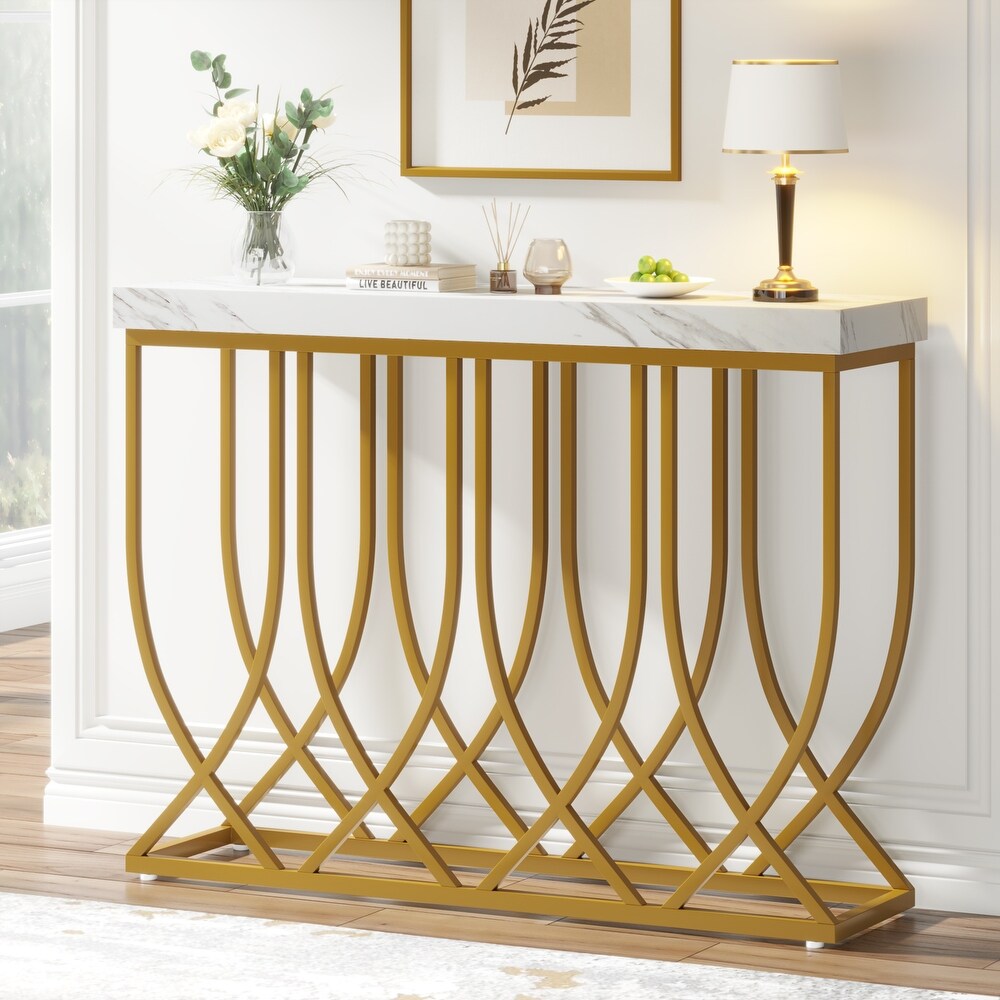 Faux Marble Console Table  39.4 in Modern Entryway Table with Gold Geometric Legs