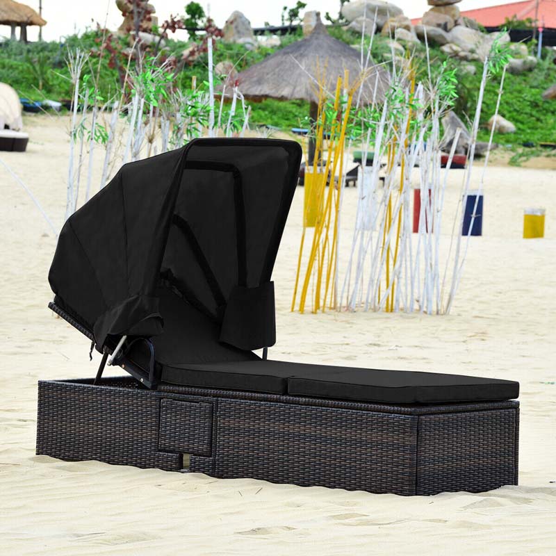 Cushioned Rattan Outdoor Chaise Lounge Chair Sun Lounger 5-Position with Folding Canopy & Flip-up Tea Table