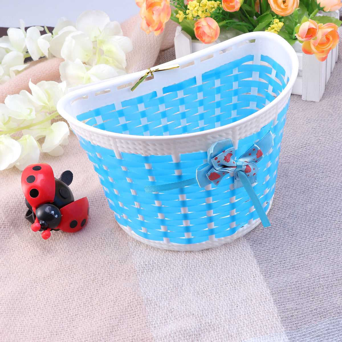 HEMOTON Bicycle Scooter Basket Children Bike Basket Plastic Knitted Bow Knot Front Handmade Bag