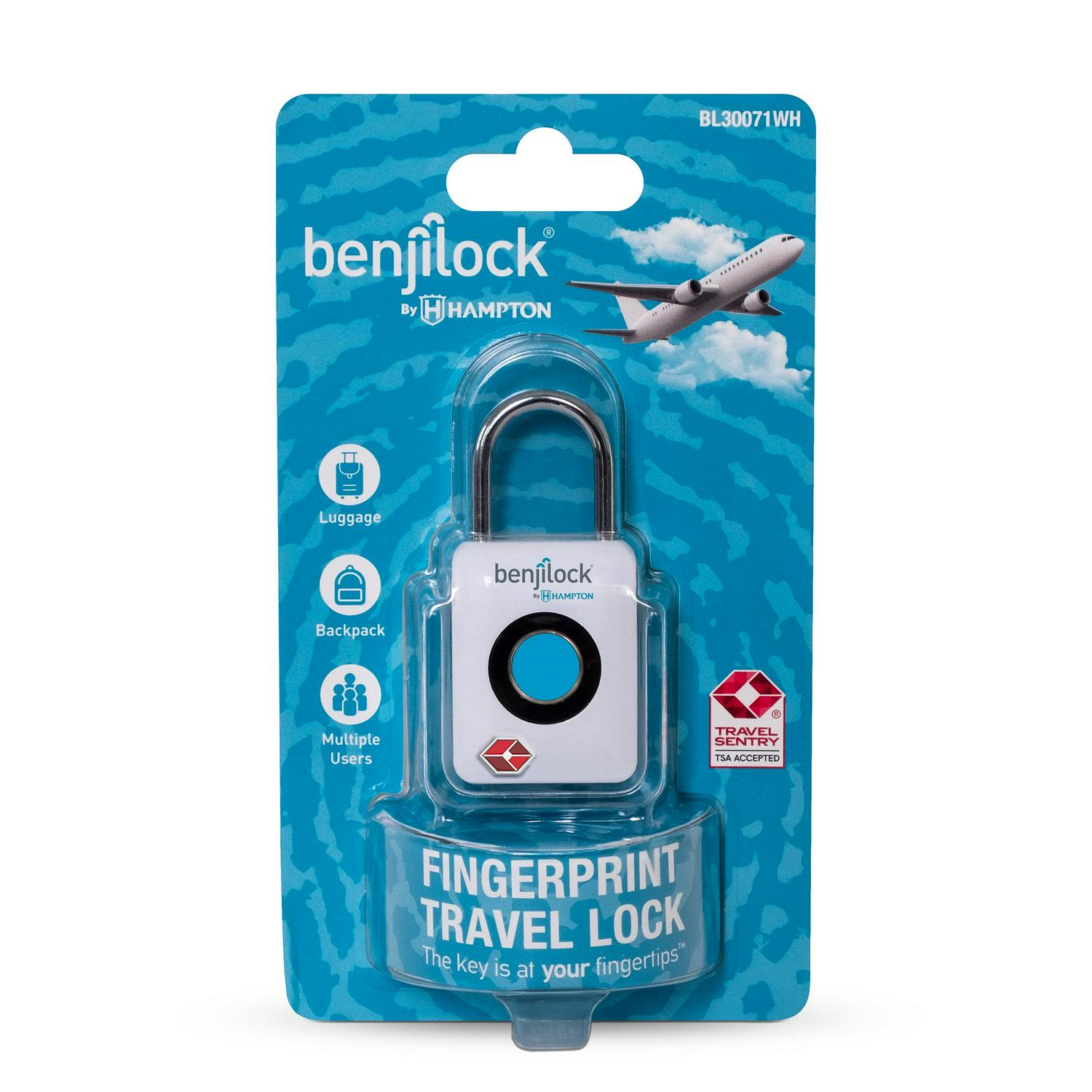 BenjiLock by HamptonA TSA Fingerprint Travel Padlock， 33mm Body with 15/16 inch Shackle， White