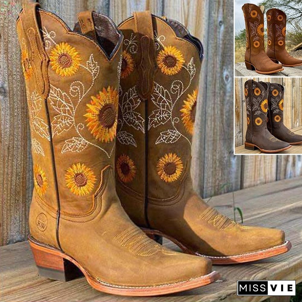 Women's Boot Sunflower Embroidery Cowboy Boots for Women Thick Heel Leather Boots Plus Size 35-43