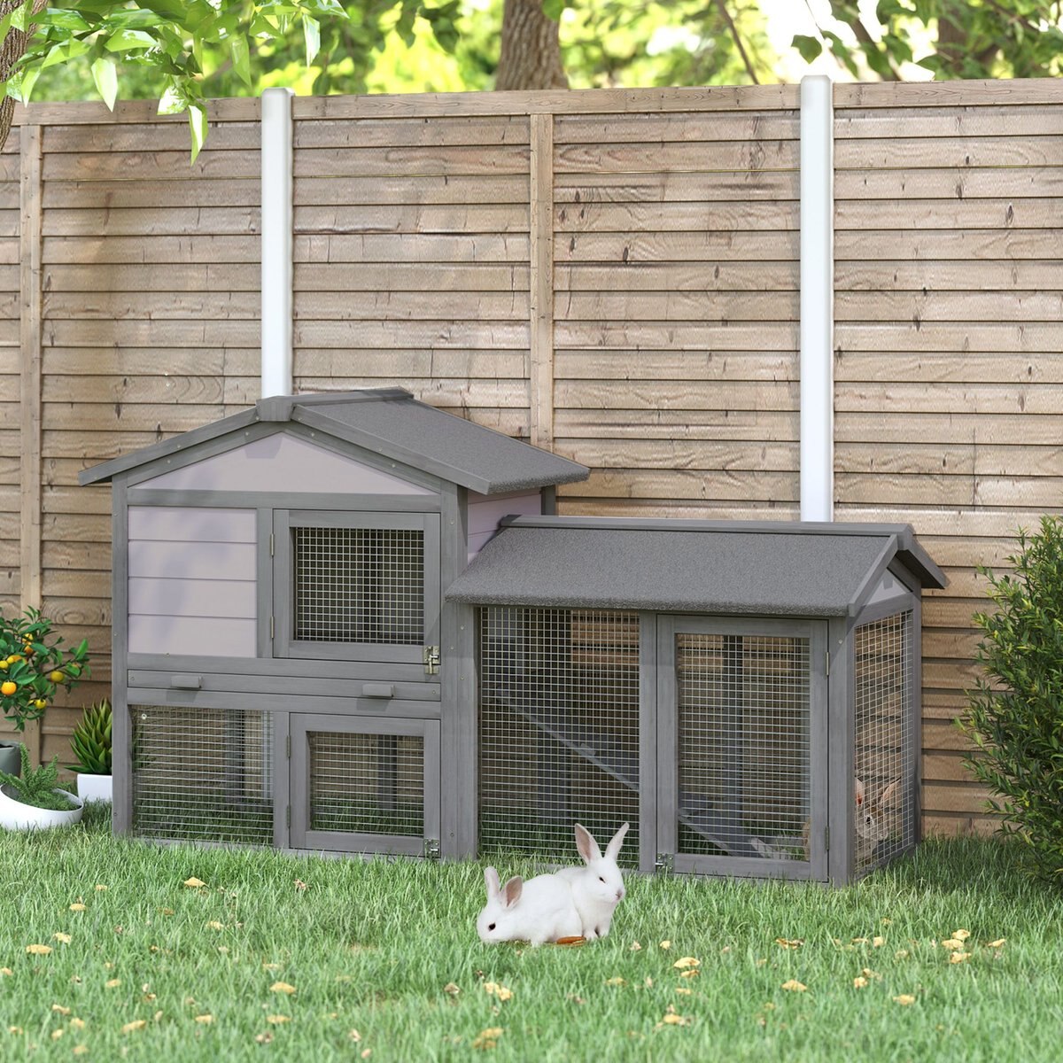 PawHut Outdoor Raised Painted Deluxe Wood Rabbit Hutch