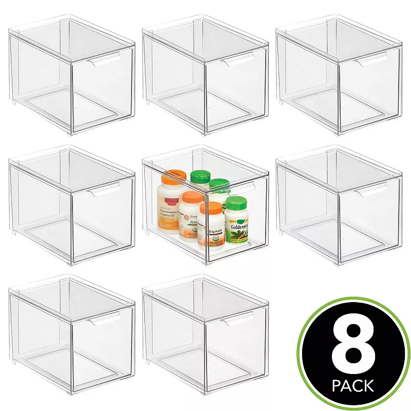 mDesign Clarity 8 x 6 x 6 Plastic Stackable Bathroom Storage Organizer with Drawer， 8 Pack