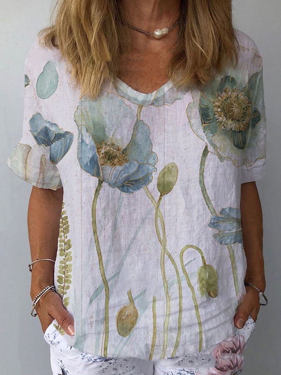 Casual Fashion Floral Print Crew Neck Short Sleeve Blouse