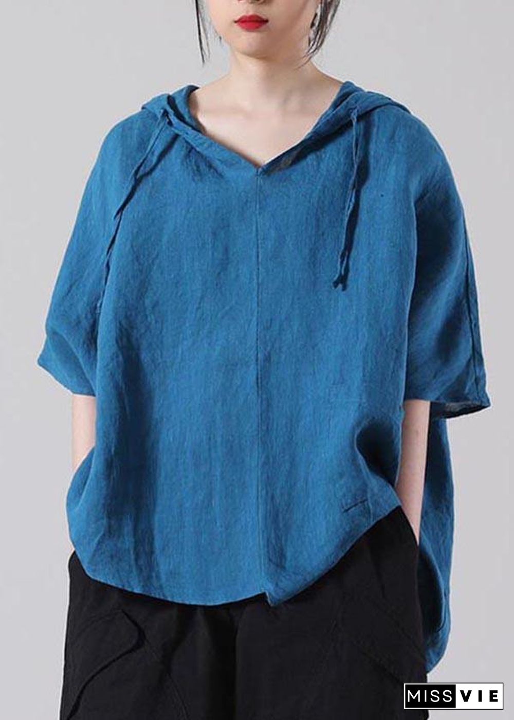 Stylish Blue asymmetrical design Cotton Linen Shirt Summer